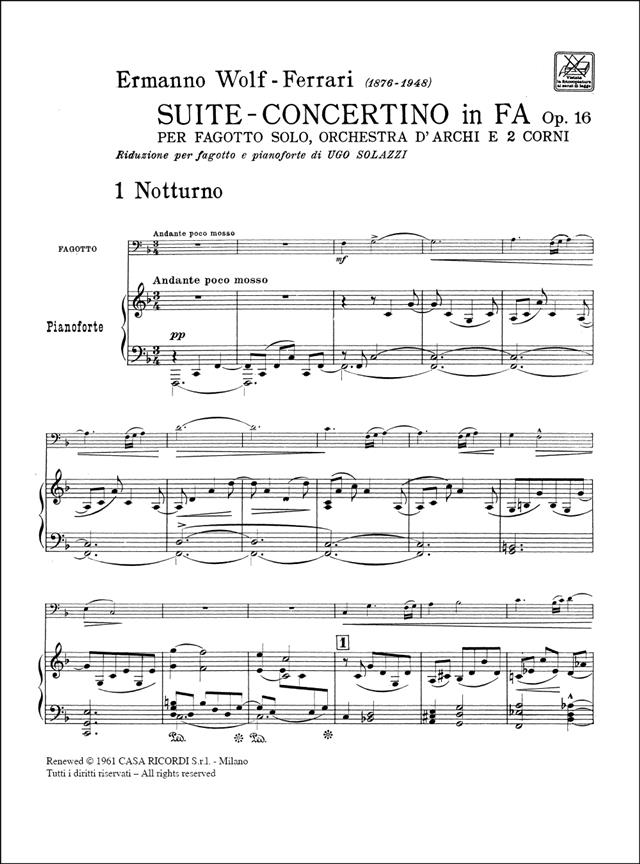 Suite - Concertino in Fa Opus 16 - Riduzione per fagotto e pianoforte - fagot a klavír